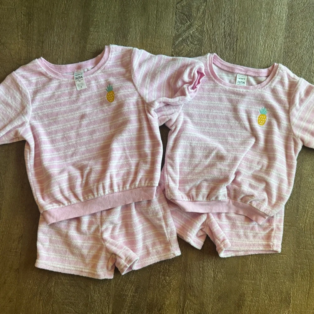 TWIN BUNDLE Set of 2 Carter's Pink Striped Terrycloth Set with Pineapple - Picture 2 of 5